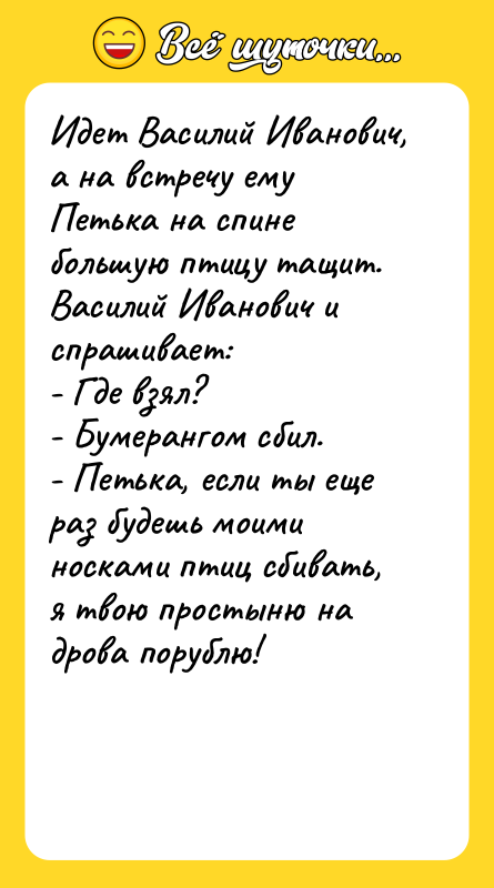 Идет Василий Иванович, а на встречу ему Петька на спине