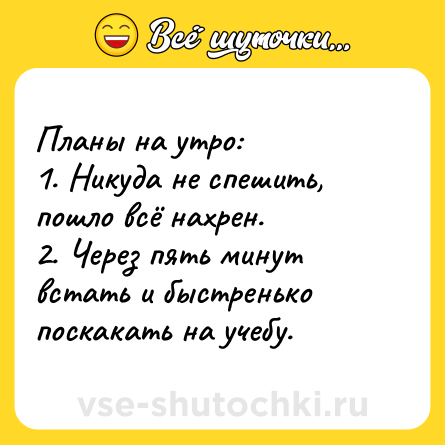Шутка: Планы на утро:<br>1. Никуда не спешить, пошло всё нахрен.<br>2. Через пять минут встать и быстренько поскакать на учебу.