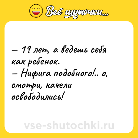 Шутка: — 19 лет, а ведешь себя как ребенок. <br>— Нифига подобного!.. о, смотри, качели освободились!