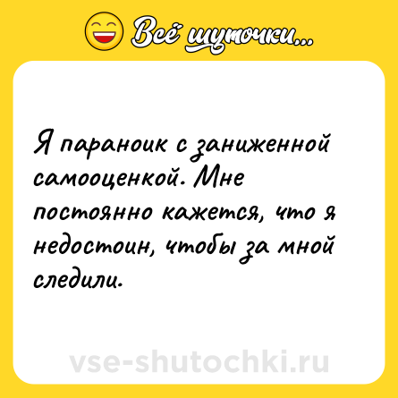 Шутка: Я параноик с заниженной самооценкой. Мне постоянно кажется, что я недостоин, чтобы за мной следили.