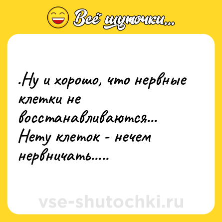 Шутка: .Ну и хорошо, что нервные клетки не восстанавливаются... Нету клеток - нечем нервничать.....