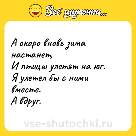 Шутка: А скоро вновь зима настанет, <br>И птицы улетят на юг. <br>Я улетел бы с ними вместе. <br>А вдруг.