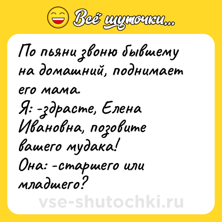 Шутка: По пьяни звоню бывшему на домашний, поднимает его мама.<br>Я: -здрасте, Елена Ивановна, позовите вашего мудака!<br>Она: -старшего или младшего?