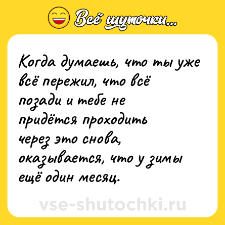Шутка: Когда думаешь, что ты уже всё пережил, что всё позади и тебе не придётся проходить через это снова, оказывается, что у зимы ещё один месяц.