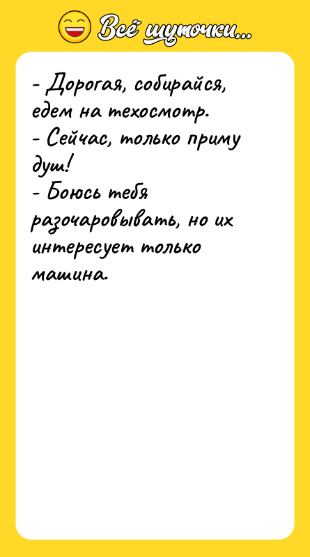 - Дорогая, собирайся, едем на техосмотр. - Сейчас, только приму