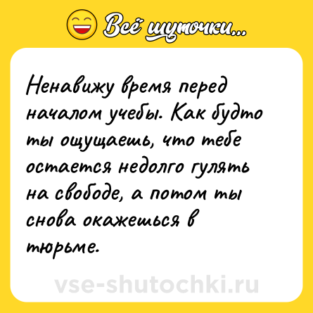 Шутка: Ненавижу время перед началом учебы. Как будто ты ощущаешь, что тебе остается недолго гулять на свободе, а потом ты снова окажешься в тюрьме.