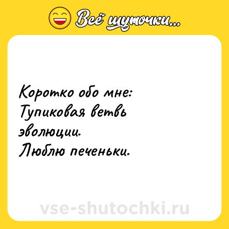 Шутка: Коротко обо мне: <br>Тупиковая ветвь эволюции. <br>Люблю печеньки.