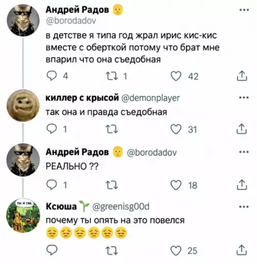 Брат, ты зачем меня обманул? 😂🍬 - в детстве я типа год жрал ирис кис-кис вместе с