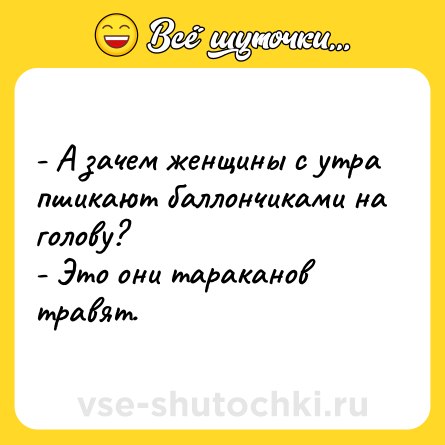 Шутка: - А зачем женщины с утра пшикают баллончиками на голову?<br>- Это они тараканов травят.