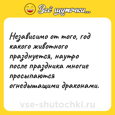 Шутка: Независимо от того, год какого животного празднуется, наутро после праздника многие просыпаются огнедышащими драконами.