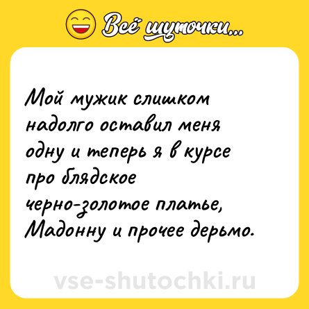 Шутка: Мой мужик слишком надолго оставил меня одну и теперь я в курсе про блядское черно-золотое платье, Мадонну и прочее дерьмо.