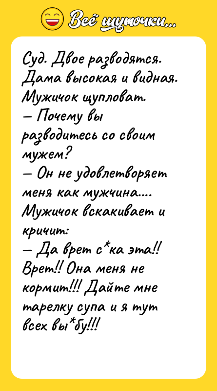 Суд. Двое разводятся. Дама высокая и видная. Мужичок щупловат. —