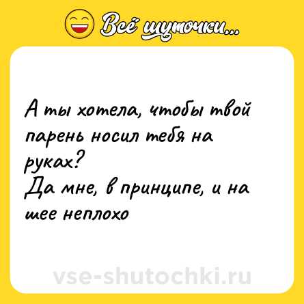 Шутка: А ты хотела, чтобы твой парень носил тебя на руках?<br>Да мне, в принципе, и на шее неплохо