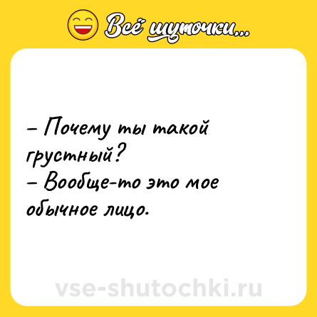 Шутка: – Почему ты такой грустный? <br>– Вообще-то это мое обычное лицо.