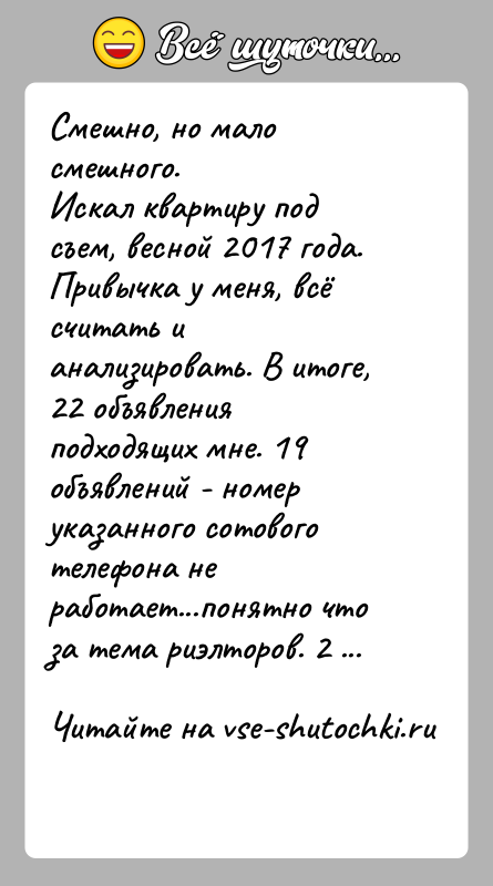 История: Смешно, но мало смешного.Искал квартиру под съем, весной 2017 года. Привычка у меня, всё считать и анализировать. В итоге, 22