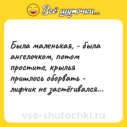 Шутка: Была маленькая, - была ангелочком, потом простите, крылья пришлось оборвать - лифчик не застёгивался...