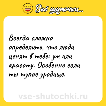 Шутка: Всегда сложно определить, что люди ценят в тебе: ум или красоту. Особенно если ты тупое уродище.