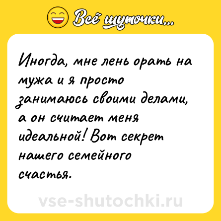 Шутка: Иногда, мне лень орать на мужа и я просто занимаюсь своими делами, а он считает меня идеальной! Вот секрет нашего семейного счастья.