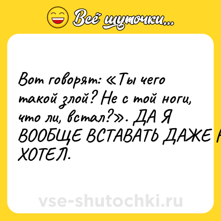 Шутка: Вот говорят: «Ты чего такой злой? Не с той ноги, что ли, встал?». ДА Я ВООБЩЕ ВСТАВАТЬ ДАЖЕ НЕ ХОТЕЛ.