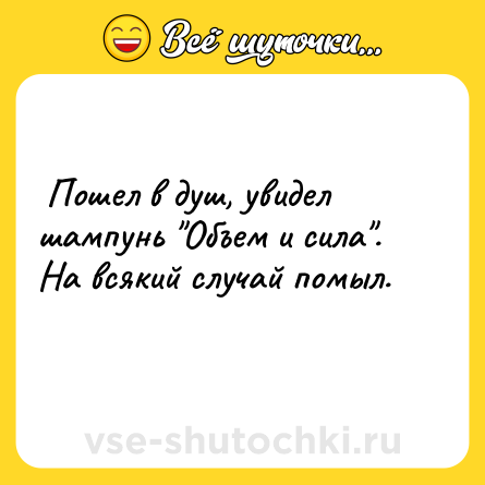 Шутка:  Пошел в душ, увидел шампунь "Объем и сила". <br>На всякий случай помыл.  