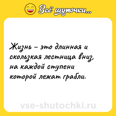 Шутка: Жизнь – это длинная и скользкая лестница вниз, на каждой ступени которой лежат грабли.
