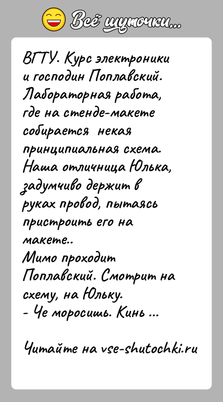 История: ВГТУ. Курс электроники и господин Поплавский.Лабораторная работа, где на стенде-макете собирается некая принципиальная схема.Наша отличница Юлька, задумчиво держит в