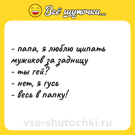 Шутка: - папа, я люблю щипать мужиков за задницу <br>- ты гей? <br>- нет, я гусь <br>- весь в папку!