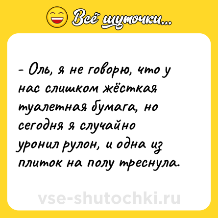 Шутка: - Оль, я не говорю, что у нас слишком жёсткая туалетная бумага, но сегодня я случайно уронил рулон, и одна из плиток на полу треснула.