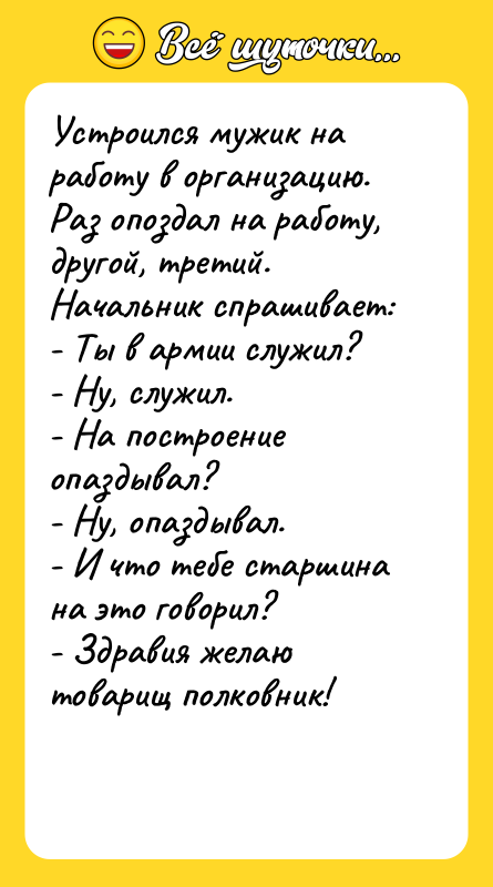 Устроился мужик на работу в организацию.   Раз опоздал