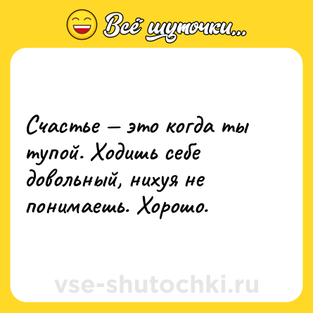 Шутка: Счастье — это когда ты тупой. Ходишь себе довольный, нихуя не понимаешь. Хорошо.