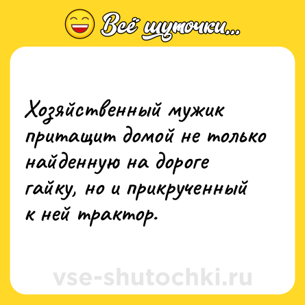 Шутка: Хозяйственный мужик притащит домой не только найденную на дороге гайку, но и прикрученный к ней трактор.