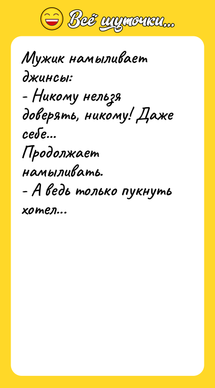 Мужик намыливает джинсы:  - Никому нельзя доверять, никому! Даже