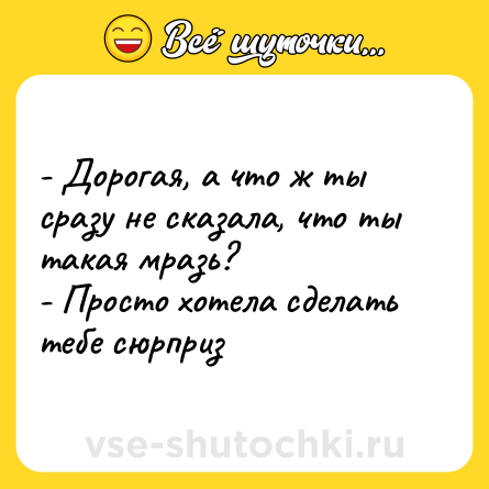 Шутка: - Дорогая, а что ж ты сразу не сказала, что ты такая мразь? <br>- Просто хотела сделать тебе сюрприз