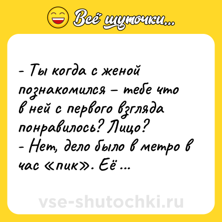 Шутка: - Ты когда с женой познакомился – тебе что в ней с первого взгляда понравилось? Лицо?<br>- Нет, дело было в метро в час «пик». Её зад сильно прижал мою руку…