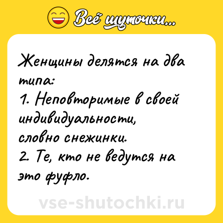 Шутка: Женщины делятся на два типа:<br>1. Неповторимые в своей индивидуальности, словно снежинки.<br>2. Те, кто не ведутся на это фуфло.