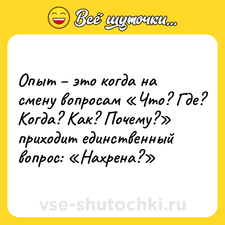 Шутка: Опыт – это когда на смену вопросам «Что? Где? Когда? Как? Почему?» приходит единственный вопрос: «Нахрена?»