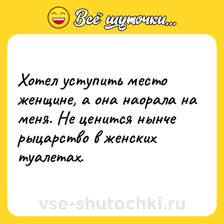 Шутка: Хотел уступить место женщине, а она наорала на меня. Не ценится нынче рыцарство в женских туалетах.