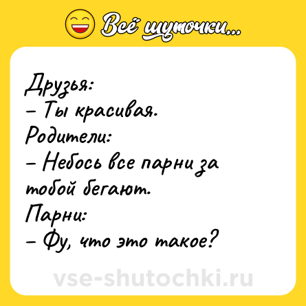 Шутка: Друзья: <br>– Ты красивая.<br>Родители:<br>– Небось все парни за тобой бегают.<br>Парни:<br>– Фу, что это такое?