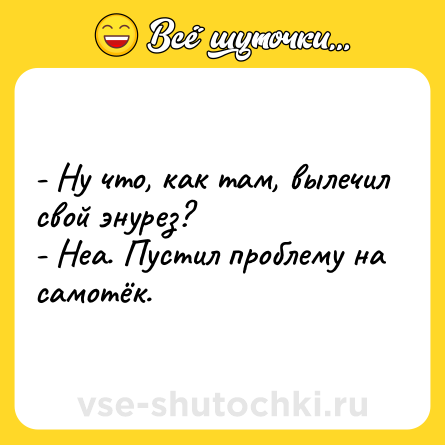 Шутка: - Ну что, как там, вылечил свой энурез?<br>- Неа. Пустил проблему на самотёк.
