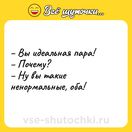 Шутка: – Вы идеальная пара! <br>– Почему? <br>– Ну вы такие ненормальные, оба!