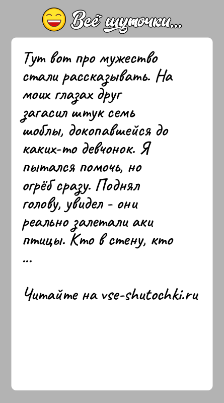 История: Тут вот про мужество стали рассказывать. На моих глазах друг загасил штук семь шоблы, докопавшейся до каких-то девчонок. Я пытался