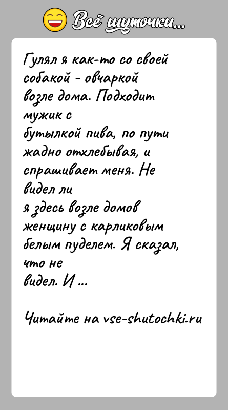 История: Гулял я как-то со своей собакой - овчаркой возле дома. Подходит мужик сбутылкой пива, по пути жадно отхлебывая, и спрашивает