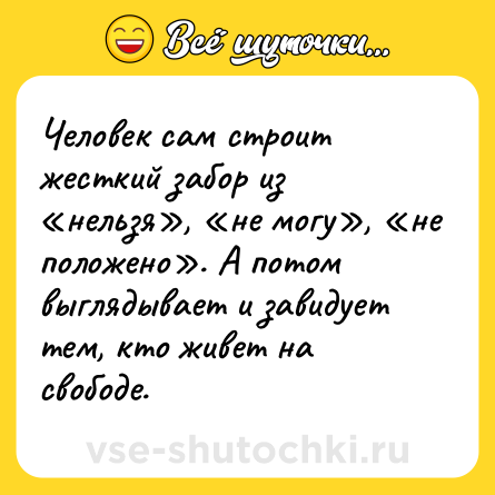 Шутка: Человек сам строит жесткий забор из «нельзя», «не могу», «не положено». А потом выглядывает и завидует тем, кто живет на свободе.