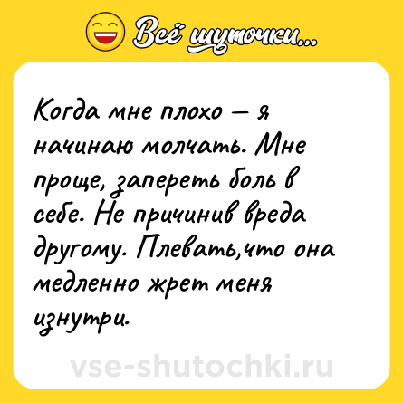 Шутка: Когда мне плохо — я начинаю молчать. Мне проще, запереть боль в себе. Не причинив вреда другому. Плевать,что она медленно жрет меня изнутри.
