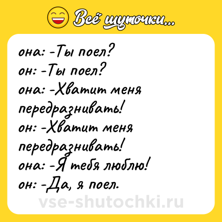 Шутка: она: -Ты поел? <br>он: -Ты поел? <br>она: -Хватит меня передразнивать! <br>он: -Хватит меня передразнивать! <br>она: -Я тебя люблю! <br>он: -Да, я поел.