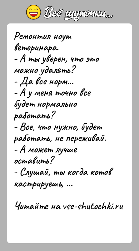 История: Ремонтил ноут ветеринара.- А ты уверен, что это можно удалять?- Да все норм...- А у меня точно все будет нормально