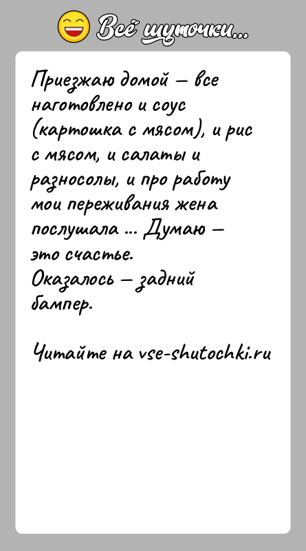 История: Приезжаю домой все наготовлено и соус (картошка с мясом), и рис с мясом, и салаты и разносолы, и про