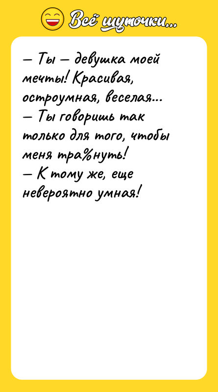 — Ты — девушка моей мечты! Красивая, остроумная, веселая... 