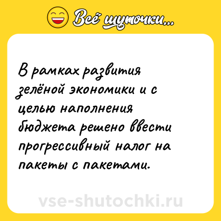 Шутка: В рамках развития зелёной экономики и с целью наполнения бюджета решено ввести прогрессивный налог на пакеты с пакетами.