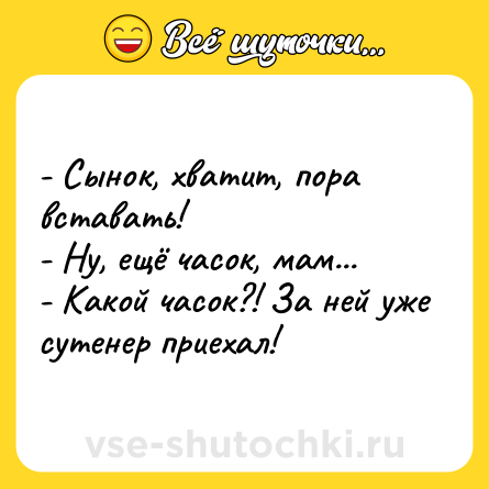 Шутка: - Сынок, хватит, пора вставать!<br>- Ну, ещё часок, мам...<br>- Какой часок?! За ней уже сутенер приехал!